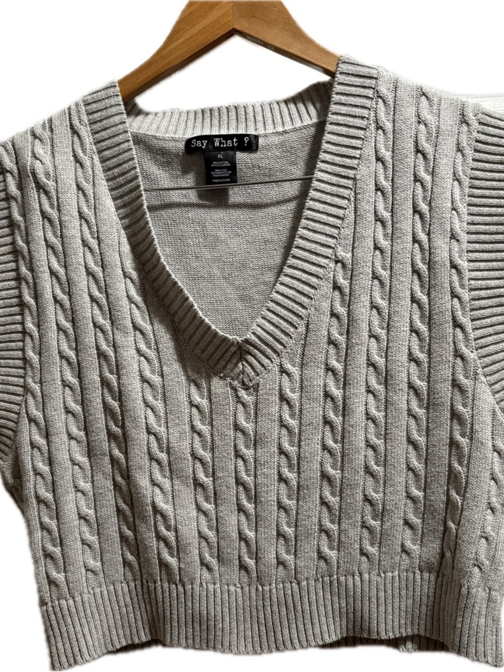 Say What? Women’s Cable Knit V-Neck Sweater Vest - Light Beige